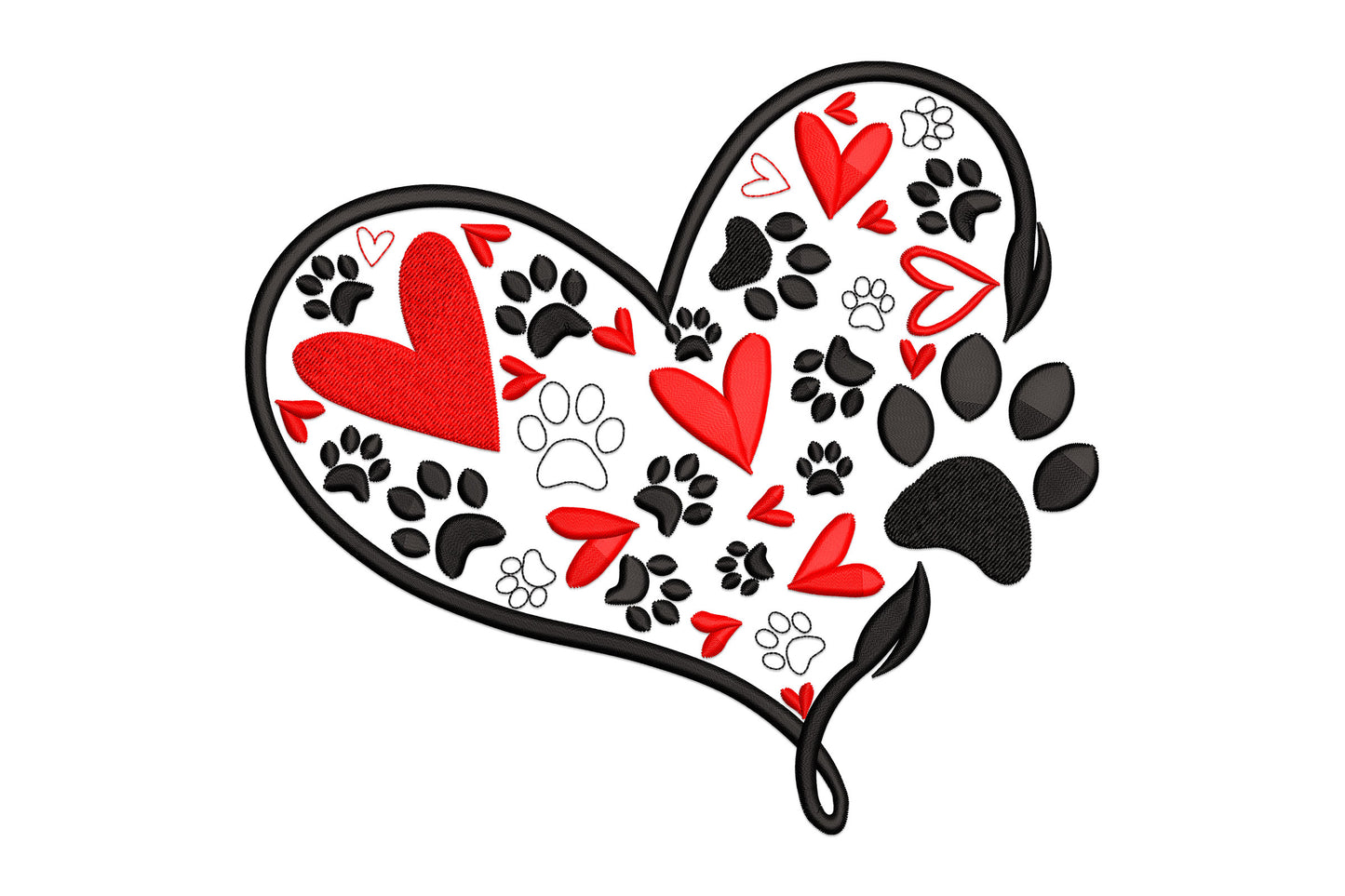 Dog paw heart embroidery design with paw print inside heart outline in black and red, 6 sizes 2.28 to 6.81 inches wide