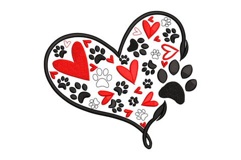 Dog paw heart embroidery design with paw print inside heart outline in black and red, 6 sizes 2.28 to 6.81 inches wide