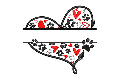 Dog paw heart split embroidery design with scattered black paw prints and red hearts inside a monogram frame heart, 2 colours solid and outline mix.