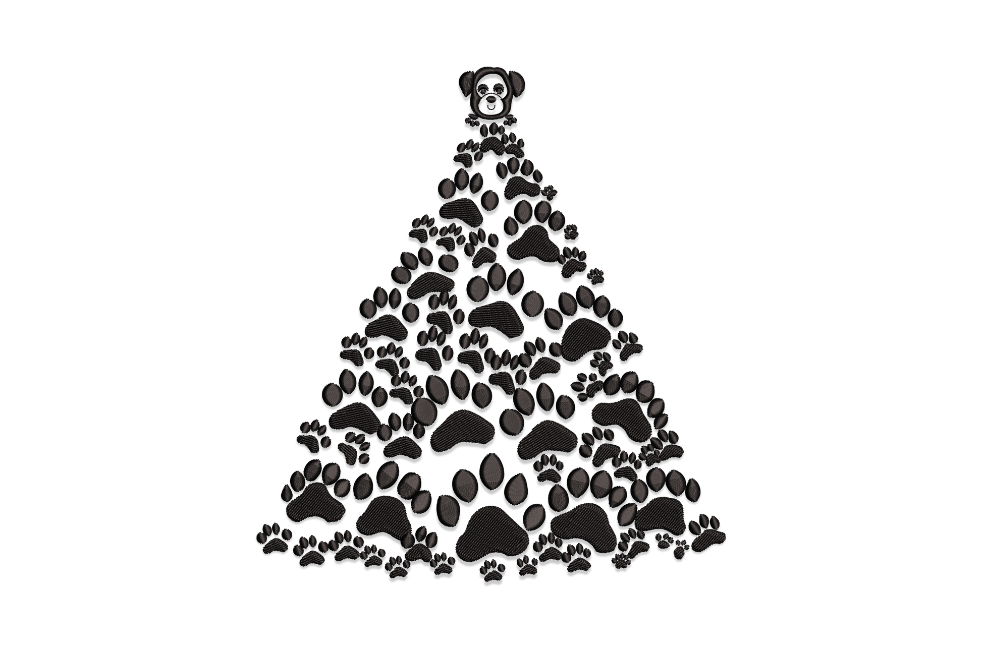 Tree silhouette built from black dog paw prints narrowing to apex, cartoon dog face topper at top.