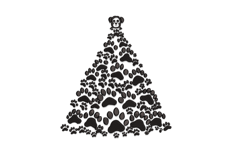 Tree silhouette built from black dog paw prints narrowing to apex, cartoon dog face topper at top.