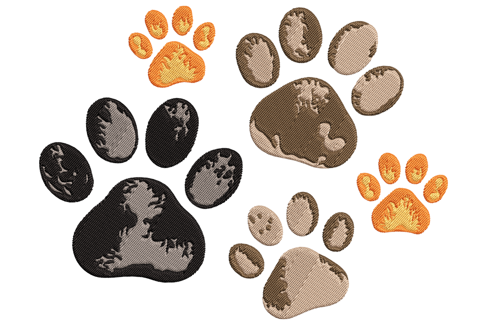 Four dog paw prints embroidery, two large in camo black and olive tan, two small bright orange and yellow