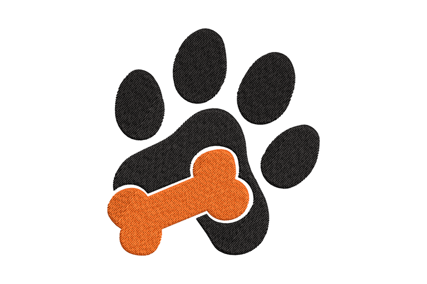 Dog paw print with small bone accent embroidery design, solid black paw with orange bone at base, 2 colours, 4 sizes