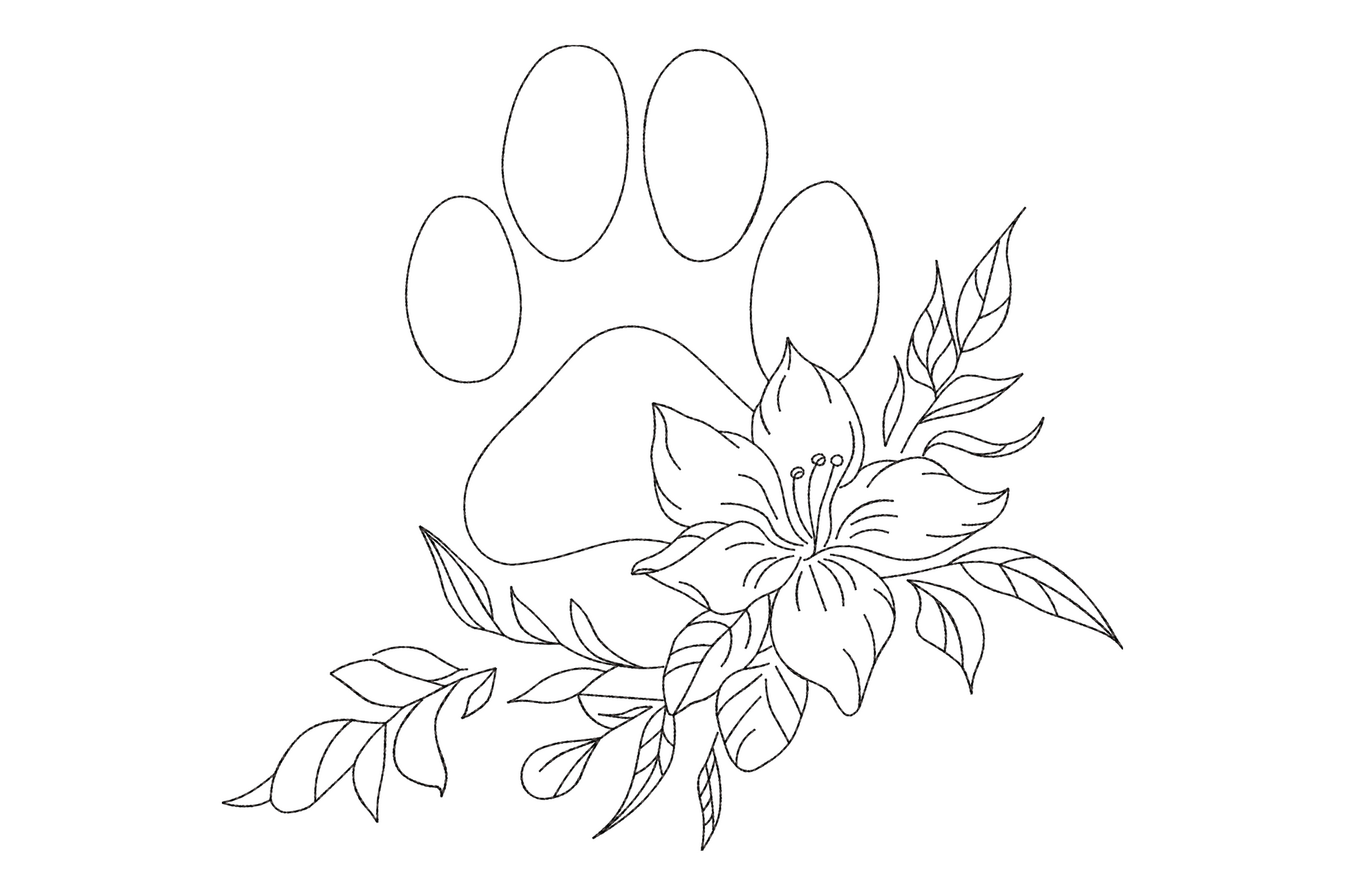 Dog paw flowers line art embroidery with open paw outline and botanical lily and monstera stems in black thread.