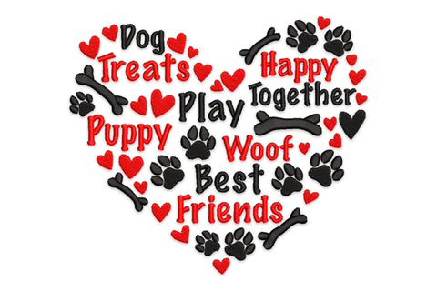 Dog word art embroidery design shaped as a heart with paw prints, bones and the words Dog Treats Play Puppy Woof Best Friends in black and red thread.