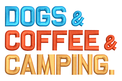 Dogs Coffee Camping embroidery design with stacked ampersand lettering in warm brown, cream and forest green.
