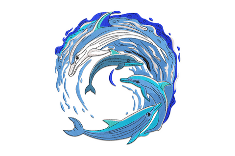 Embroidery design of three dolphins in a swirling circular wave composition, layered blues from navy to aqua with white accents, 7 colors