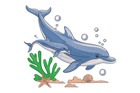 Two adult dolphins and one calf leaping in family group, six-colour slate-blue and cream marine embroidery design on pale fabric horizontal composition.
