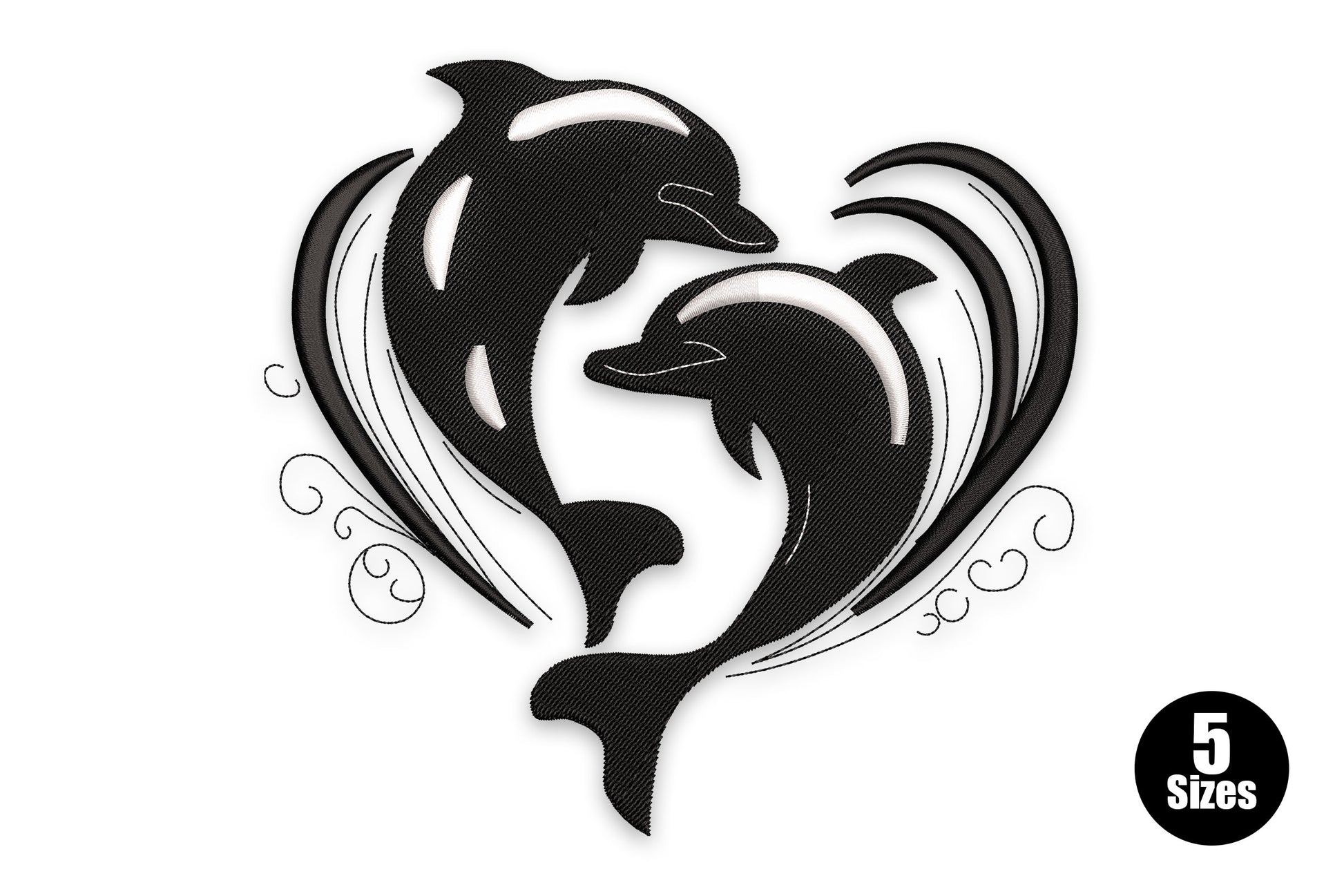 Dolphin heart duo embroidery -- two black dolphins forming a heart silhouette with scroll flourishes, 2 colours