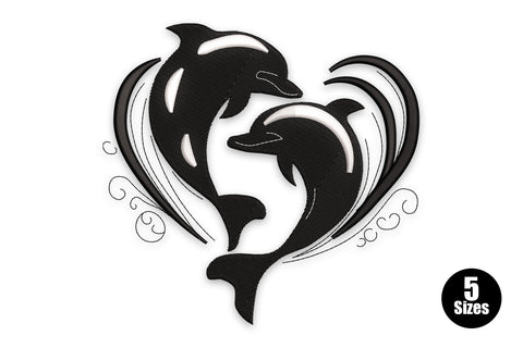 Dolphin heart duo embroidery -- two black dolphins forming a heart silhouette with scroll flourishes, 2 colours