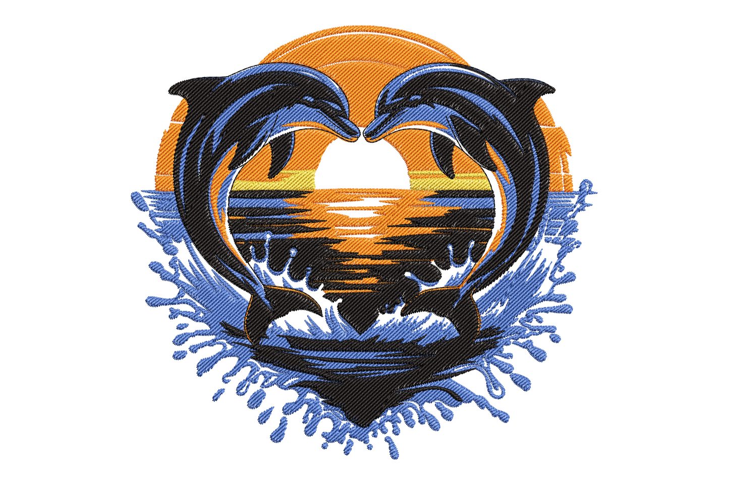 Dolphin heart sunset embroidery, two navy dolphins arching into a heart, orange-gold sunset and blue ocean splash.