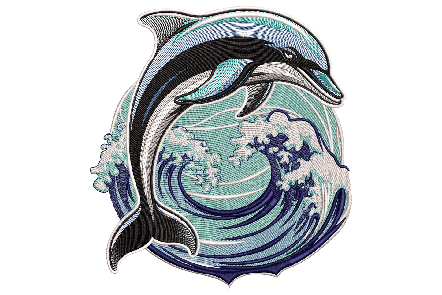 Dolphin jumping over circular ocean waves embroidery design with navy back, silver belly and Hokusai-style aqua wave rings with white foam crests.