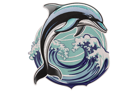 Dolphin jumping over circular ocean waves embroidery design with navy back, silver belly and Hokusai-style aqua wave rings with white foam crests.