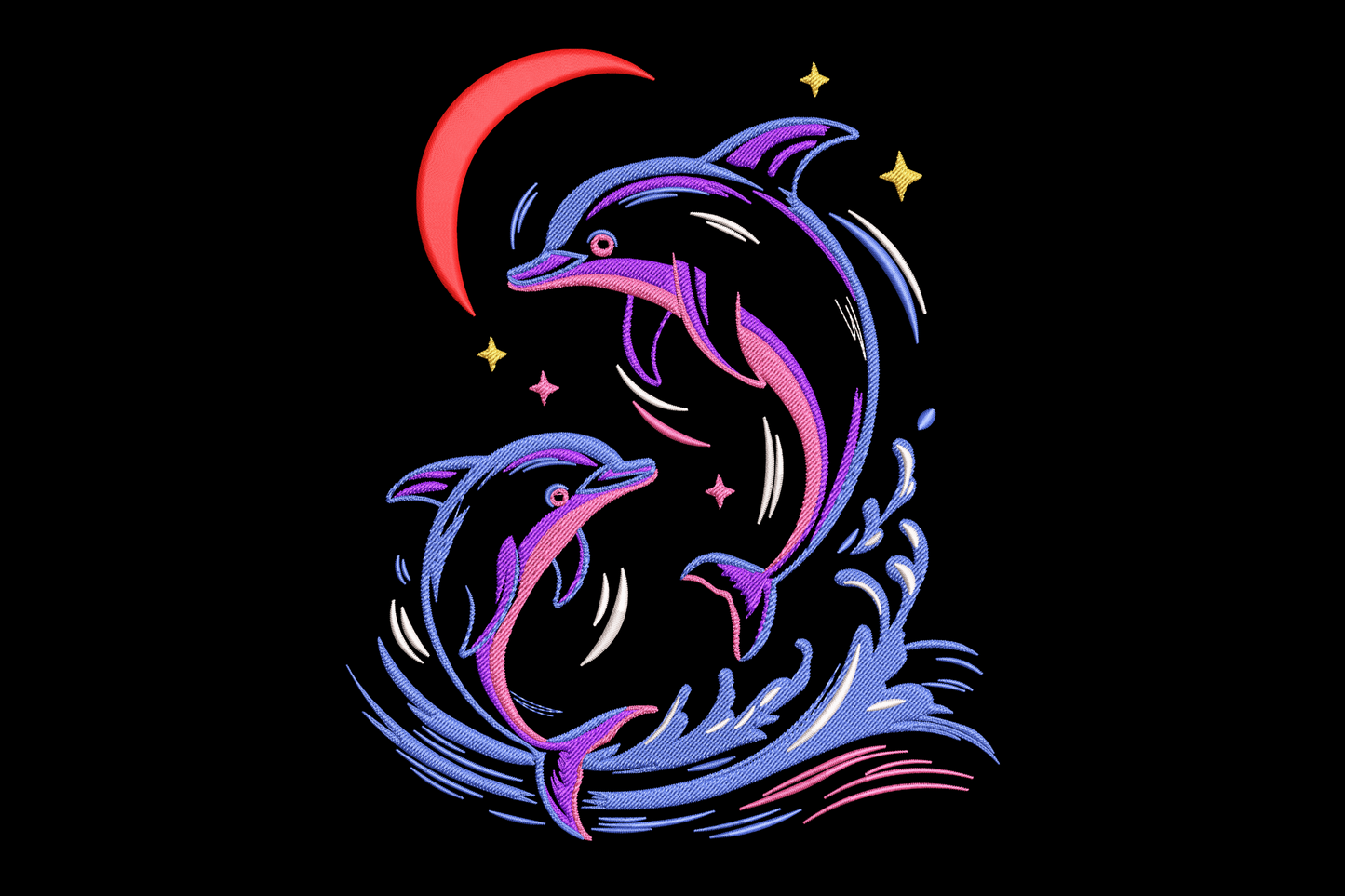 Dolphin moon embroidery, two leaping dolphins with crescent moon and gold stars, purple pink blue ocean marine design