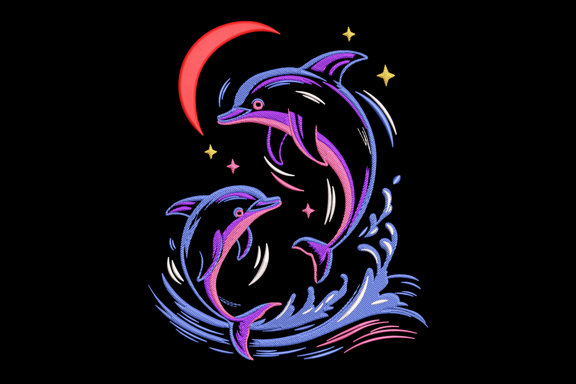 Dolphin moon embroidery, two leaping dolphins with crescent moon and gold stars, purple pink blue ocean marine design