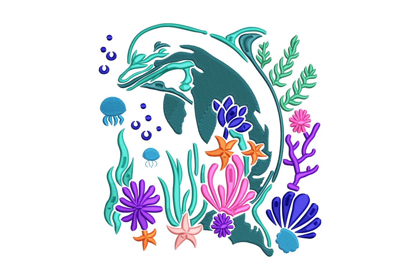 Dolphin leaping above ocean wave embroidery design in teal and navy blue, smooth satin body with stylised wave scene in 9 thread colours