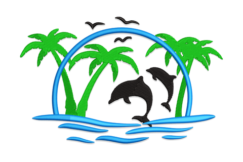 Embroidery design showing three dolphins leaping above stylised ocean waves beside a palm tree, in ocean blue, sandy tan, and white thread