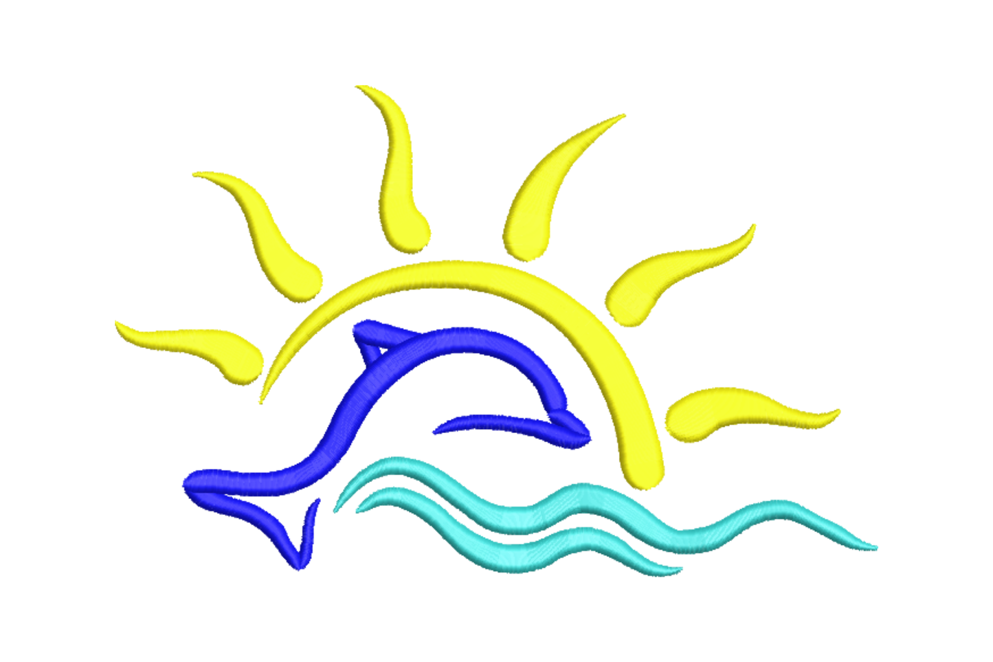 Dolphin sun waves embroidery: cobalt blue dolphin leaping before a yellow semicircle sun, two teal wave lines below.