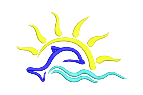 Dolphin sun waves embroidery: cobalt blue dolphin leaping before a yellow semicircle sun, two teal wave lines below.