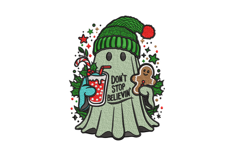 Christmas ghost embroidery wearing green knit beanie holding holiday drink cup and gingerbread man with holly background and Don't Stop Believin text