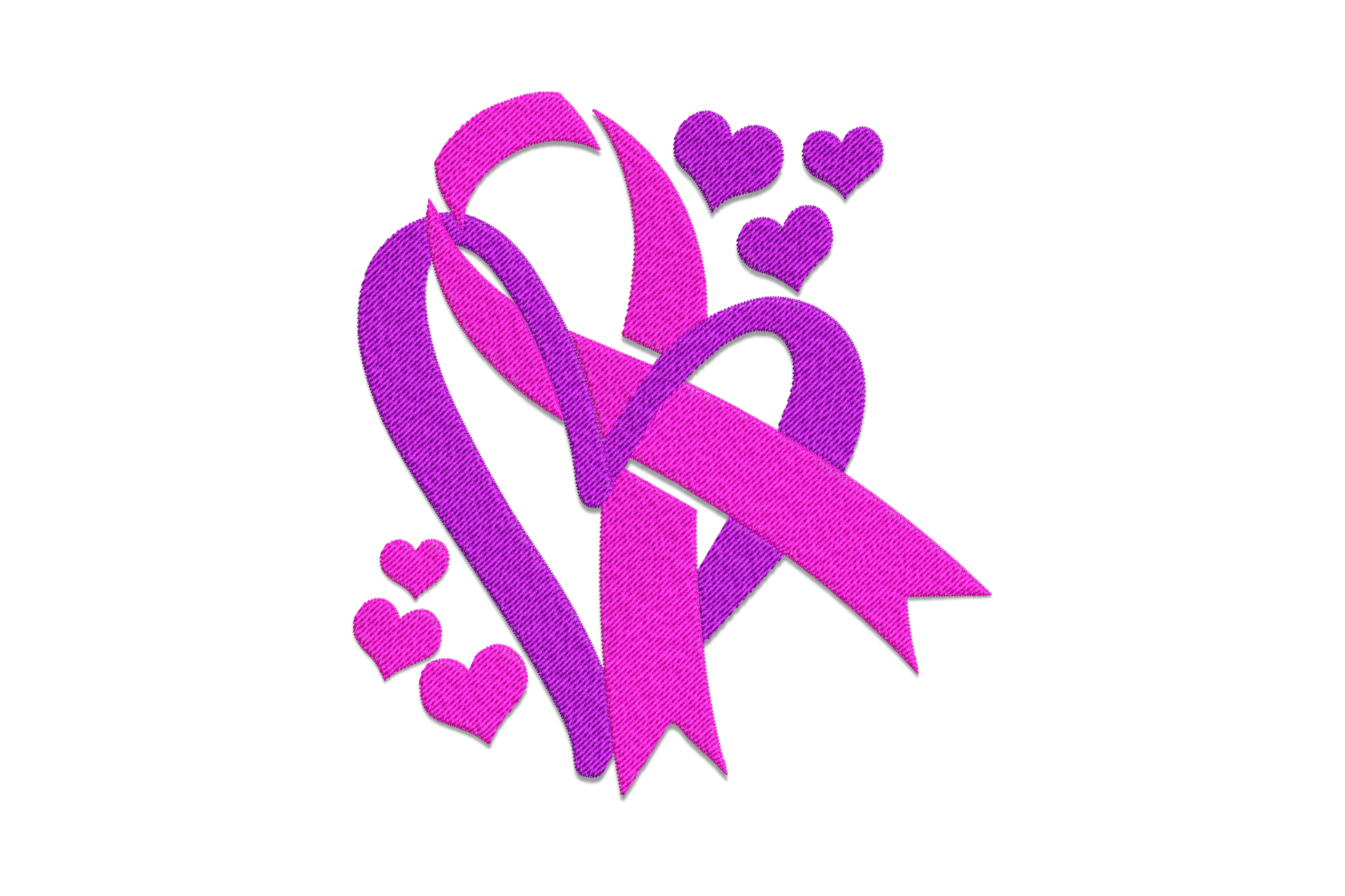 Double awareness ribbon heart embroidery design in purple and pink with overlapping ribbons and scattered hearts