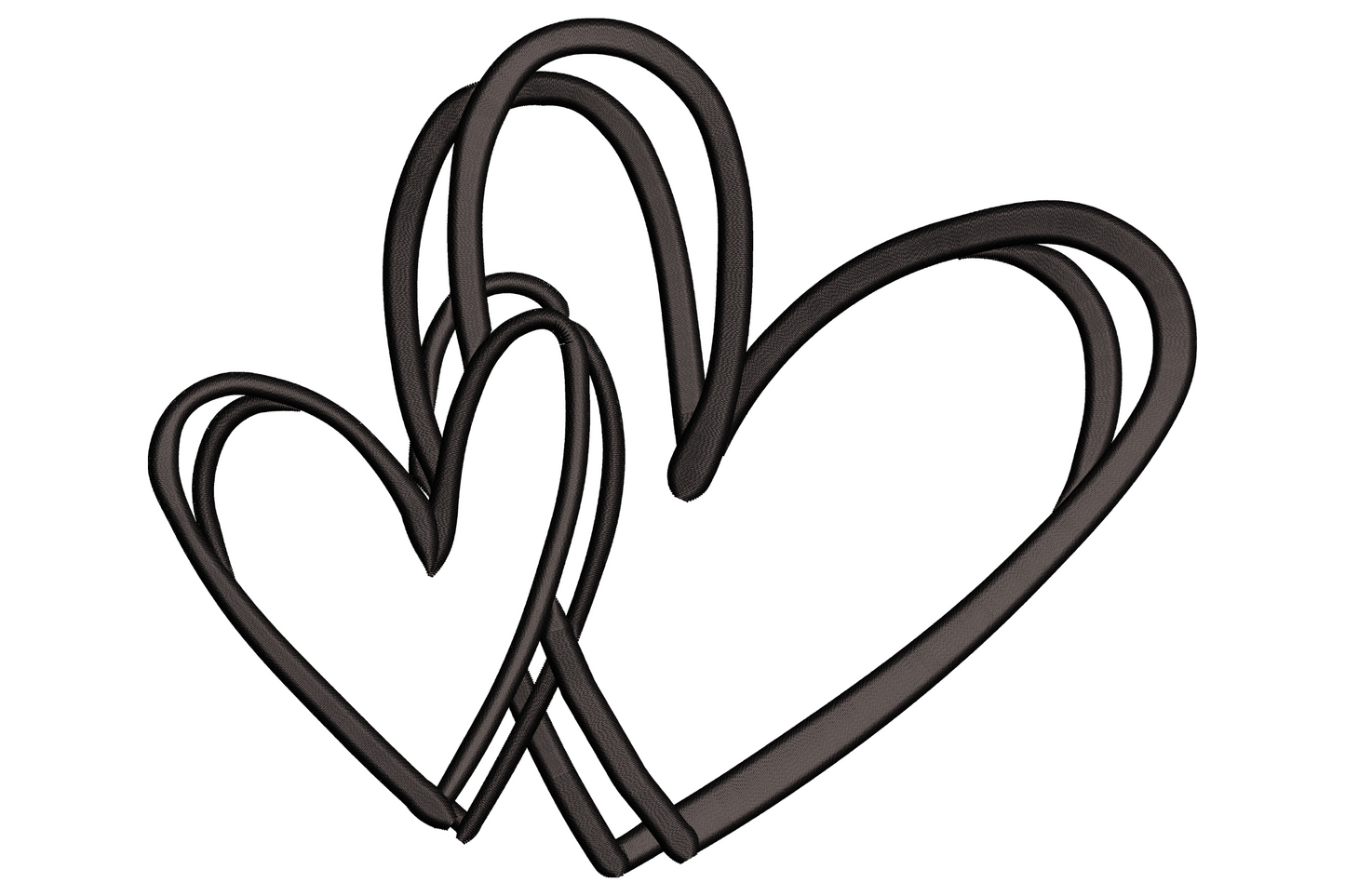 Double heart outline embroidery design, two overlapping hearts in a single hand-drawn charcoal line with no fill.