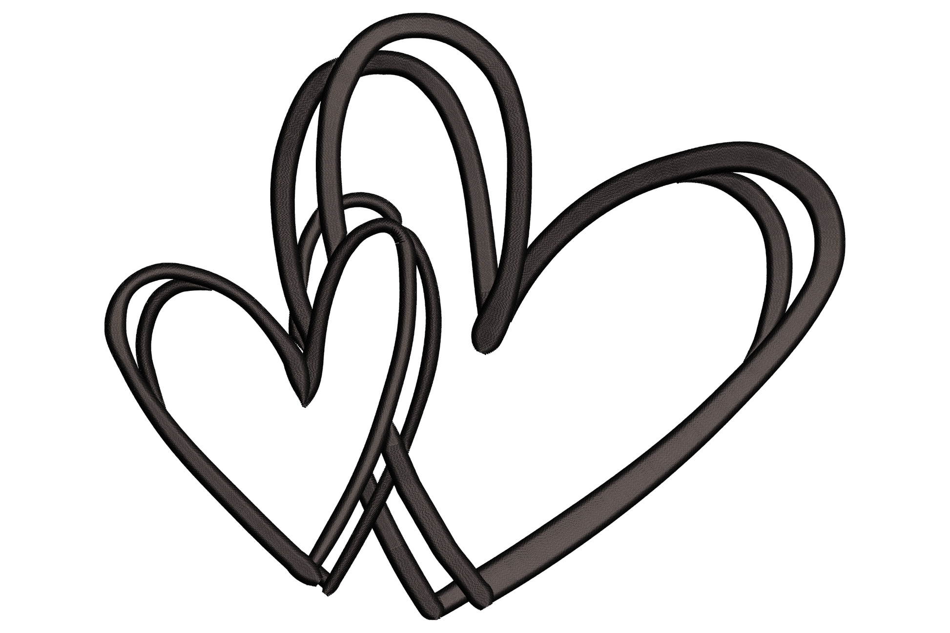 Double heart outline embroidery design, two overlapping hearts in a single hand-drawn charcoal line with no fill.