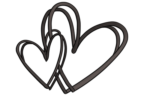 Double heart outline embroidery design, two overlapping hearts in a single hand-drawn charcoal line with no fill.