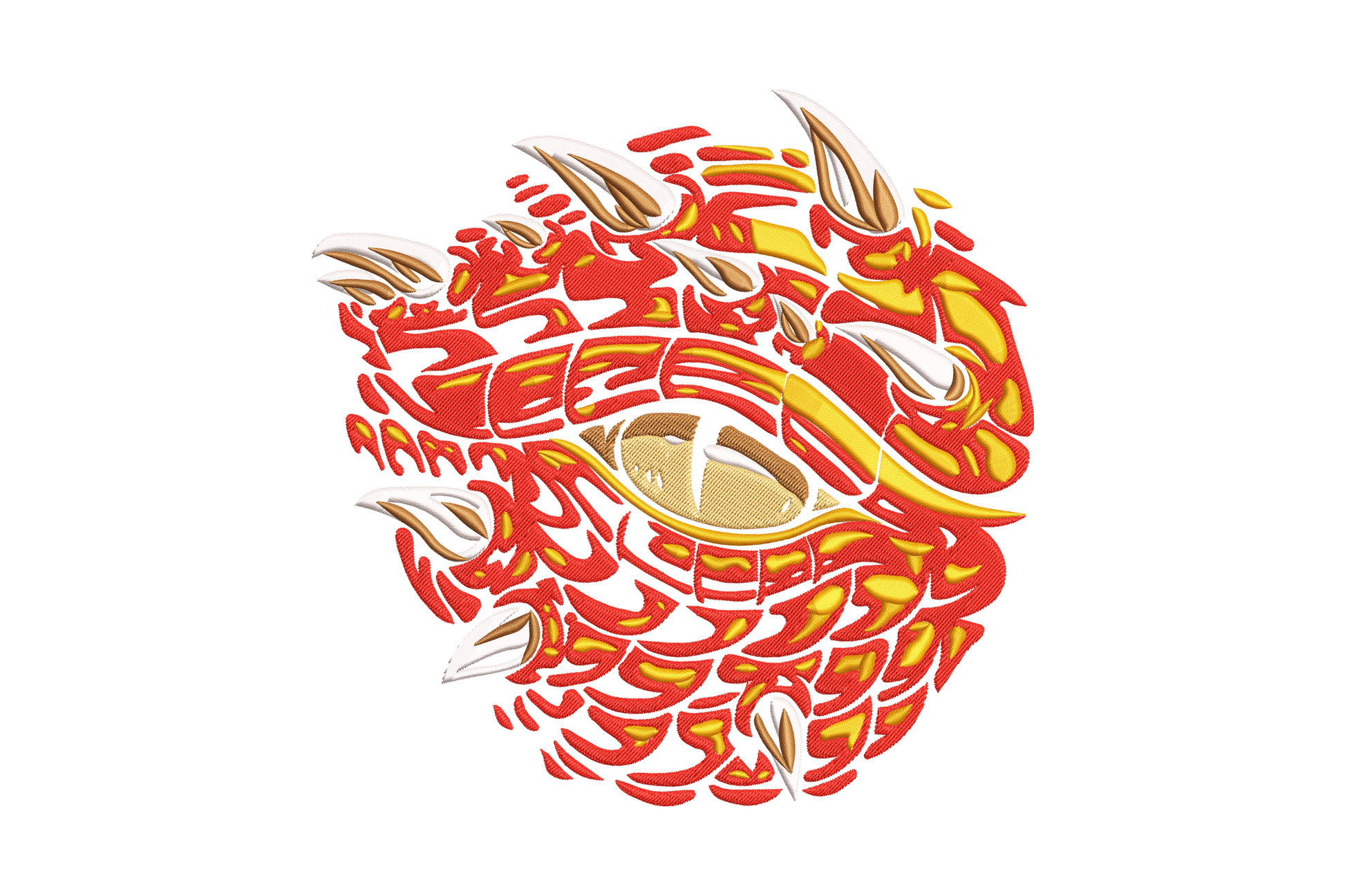 Dragon eye embroidery design with vertical slit pupil, amber iris, red flame scales, and silver claw tips, fantasy machine embroidery pattern 5 sizes.