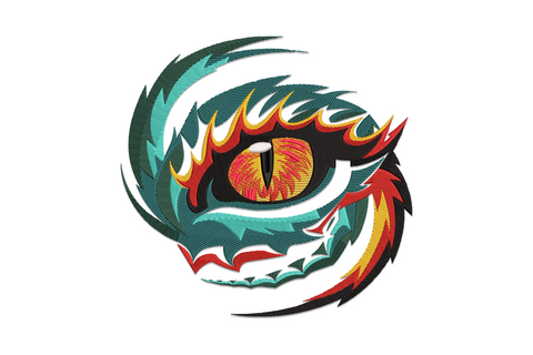 Fierce dragon eye embroidery with vertical slit pupil burning red iris jagged teal crimson scales and golden flame accents, fantasy game design