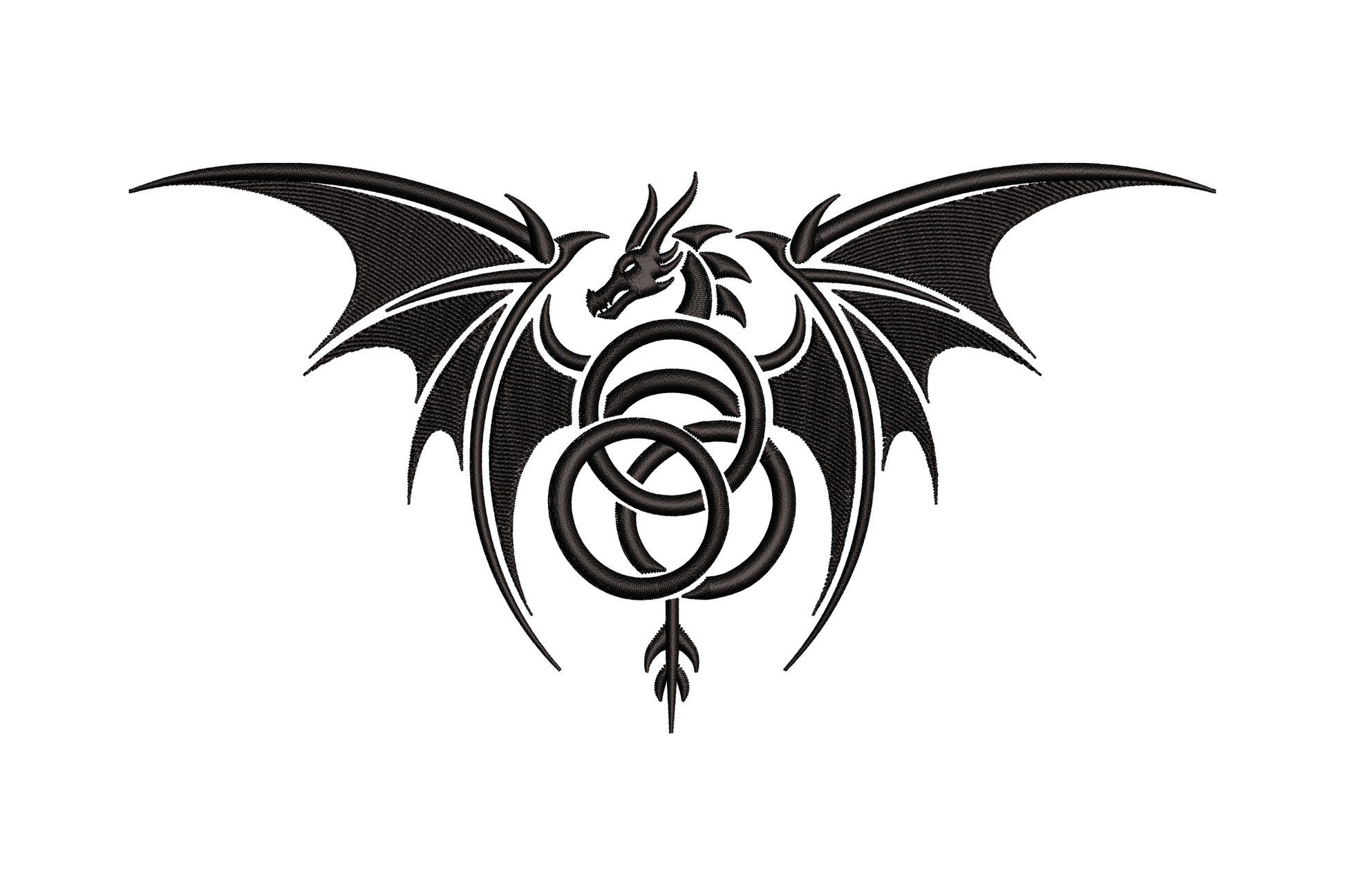 Tribal dragon embroidery with spread bat wings perched over a celtic triquetra knot and small downward sword, single black thread gothic tattoo flash style