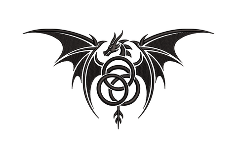 Tribal dragon embroidery with spread bat wings perched over a celtic triquetra knot and small downward sword, single black thread gothic tattoo flash style