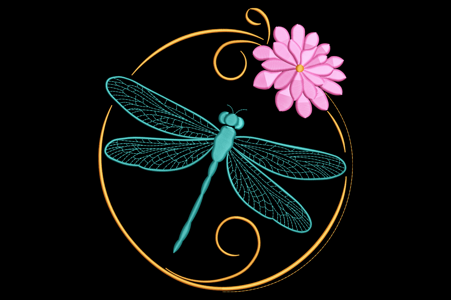 Teal dragonfly with translucent wings inside thin gold circle wreath, pink lotus flower top right, embroidered.