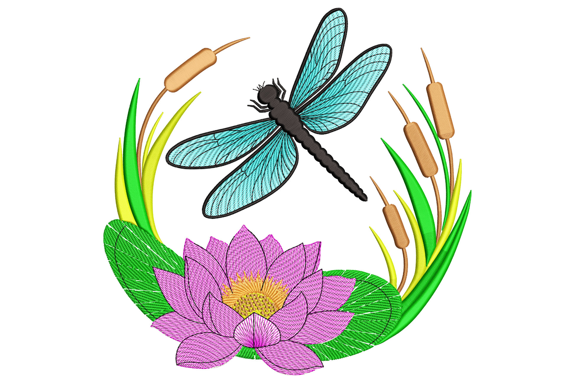 Dragonfly and lotus pond embroidery design with aqua wings, dark magenta lotus bloom and brown cattails in a circular wreath.