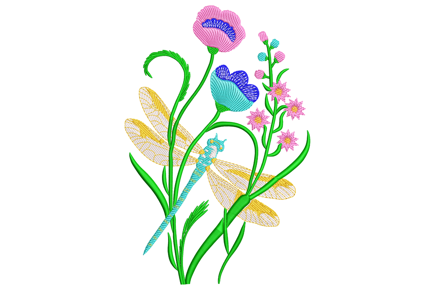 Dragonfly with wildflowers embroidery design featuring a teal dragonfly resting on a stem with pink poppies and blue blossoms