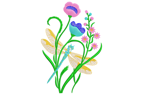 Dragonfly with wildflowers embroidery design featuring a teal dragonfly resting on a stem with pink poppies and blue blossoms