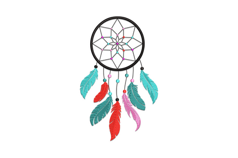 Dreamcatcher feather embroidery design, hanging feathers with ring web in earthy boho terracotta sage and dusty rose palette