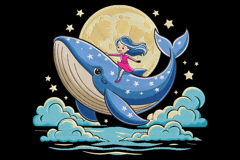 Dreamy girl riding whale embroidery design with coral-dress girl on a blue watercolour whale and golden stars in a navy night sky.