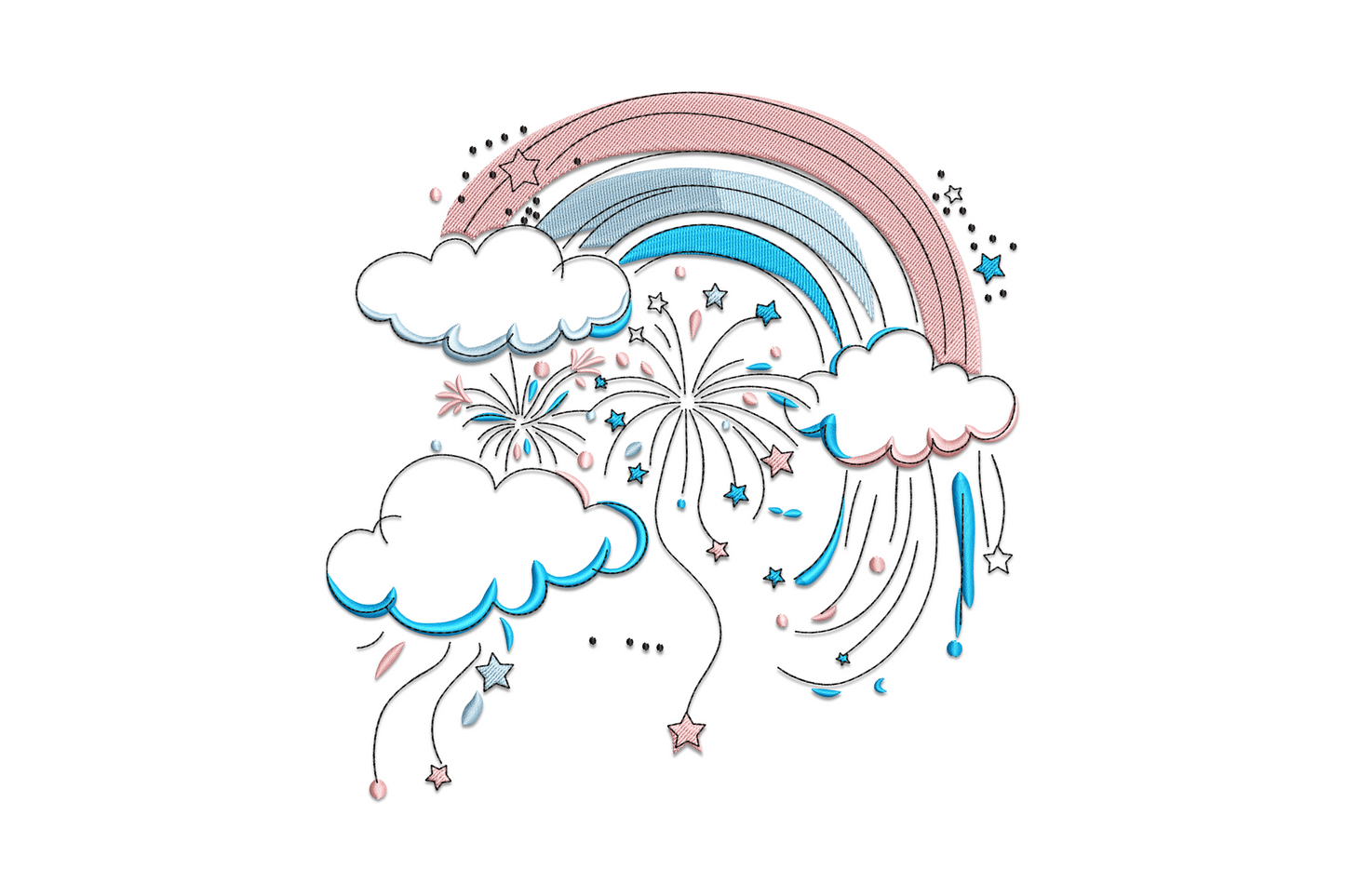 Dreamy rainbow clouds embroidery design with puffy white cloud shapes and three-colour rainbow arc, soft rounded style for nursery and kids items