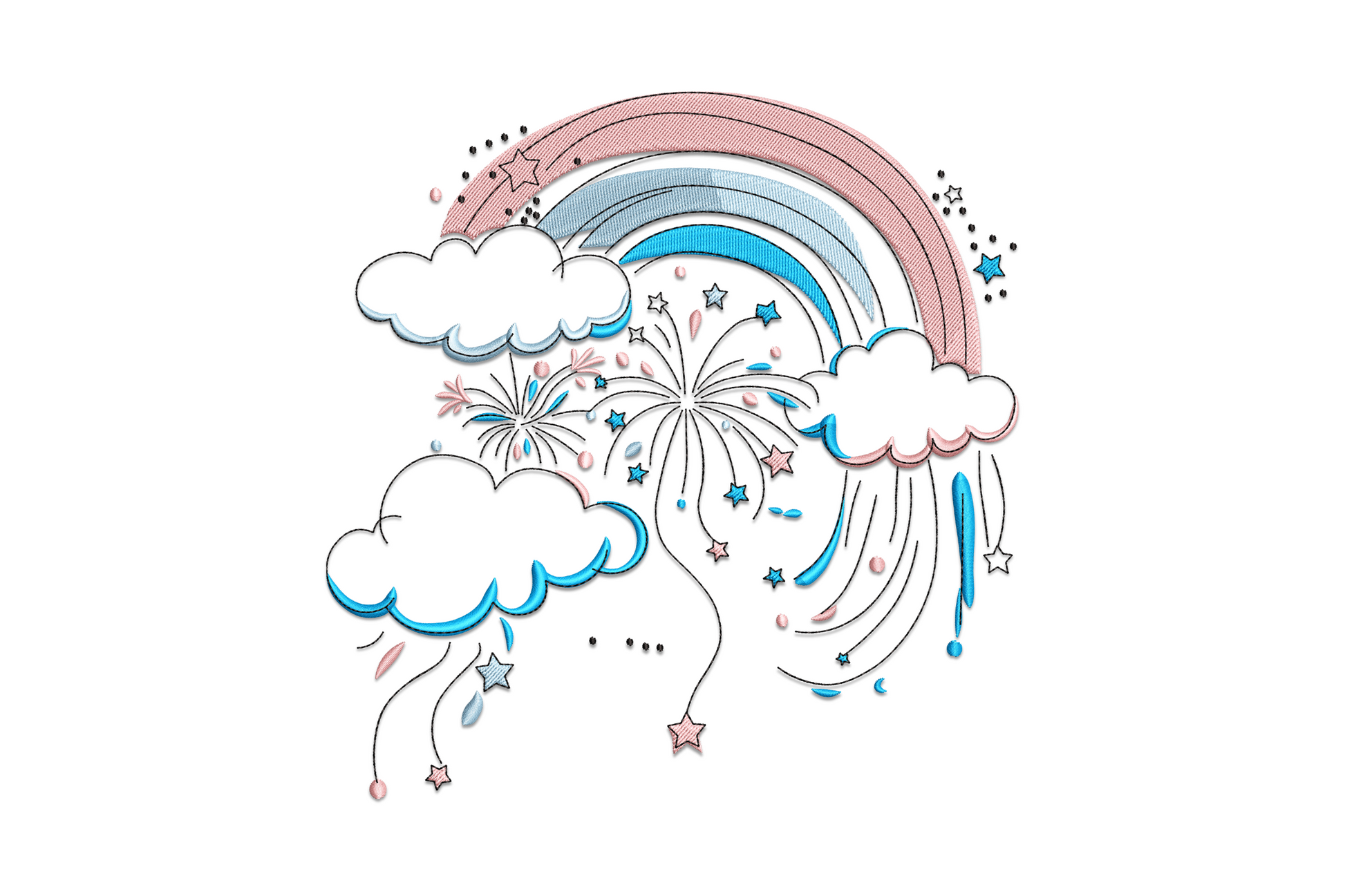 Dreamy rainbow clouds embroidery design with puffy white cloud shapes and three-colour rainbow arc, soft rounded style for nursery and kids items