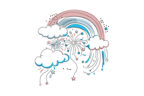 Dreamy rainbow clouds embroidery design with puffy white cloud shapes and three-colour rainbow arc, soft rounded style for nursery and kids items