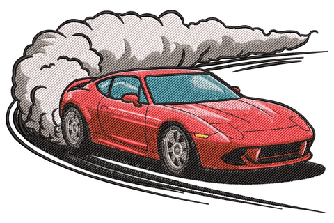 Red sports car drifting embroidery with grey and white smoke cloud rolling from the rear wheels and curving skid marks below