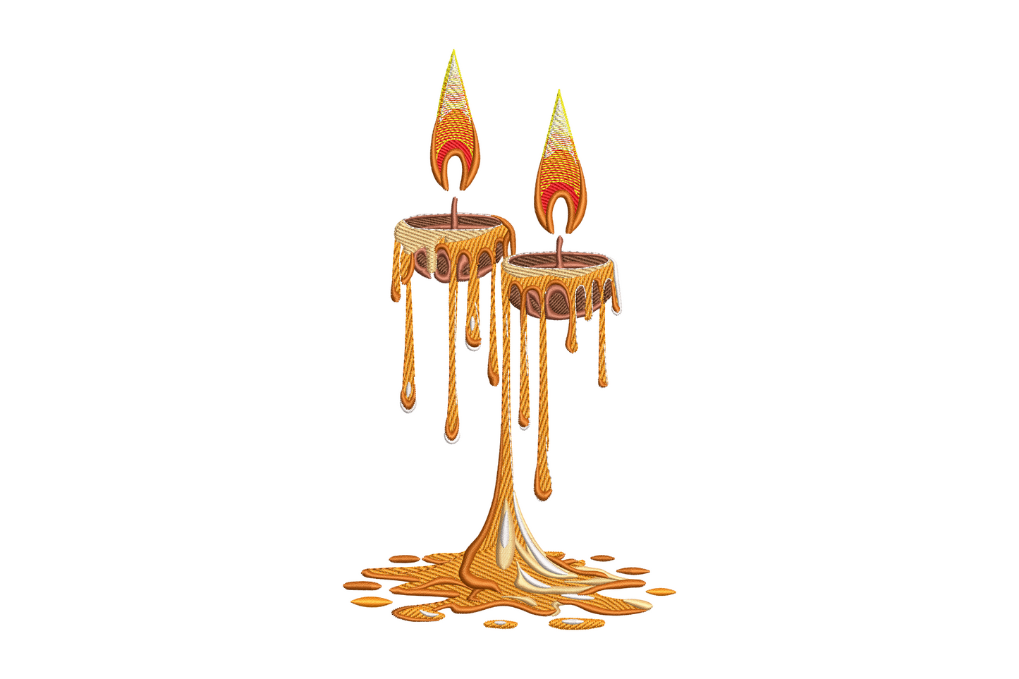 Halloween dripping candle embroidery design showing two pillar candles at different heights with pointed flames and heavy wax drips pooling at the base, in rich amber, burnt orange and red.