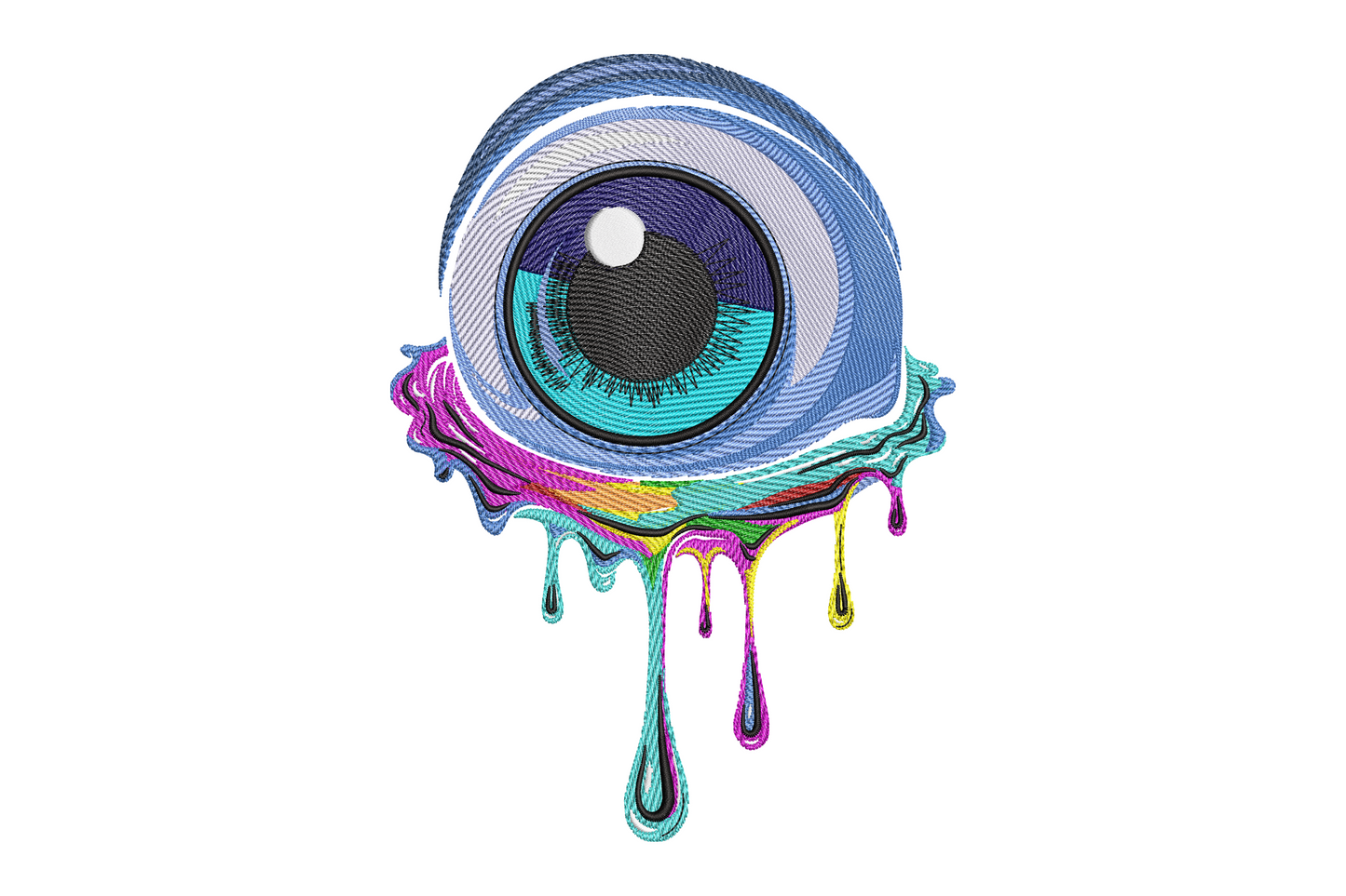 Dripping evil eye embroidery design on black tee, cobalt blue iris with multicolour drips in orange magenta and aqua thread.