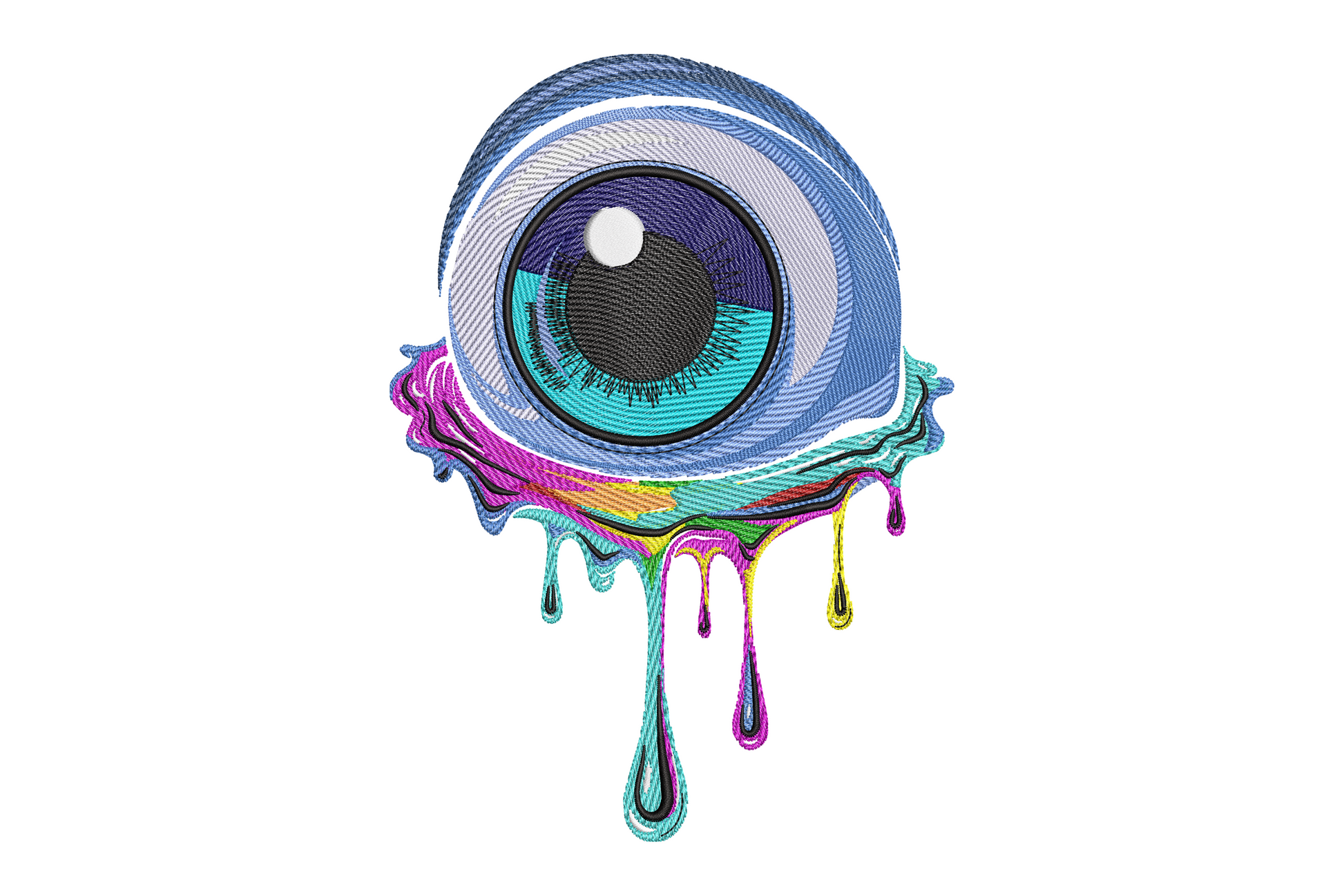 Dripping evil eye embroidery design on black tee, cobalt blue iris with multicolour drips in orange magenta and aqua thread.