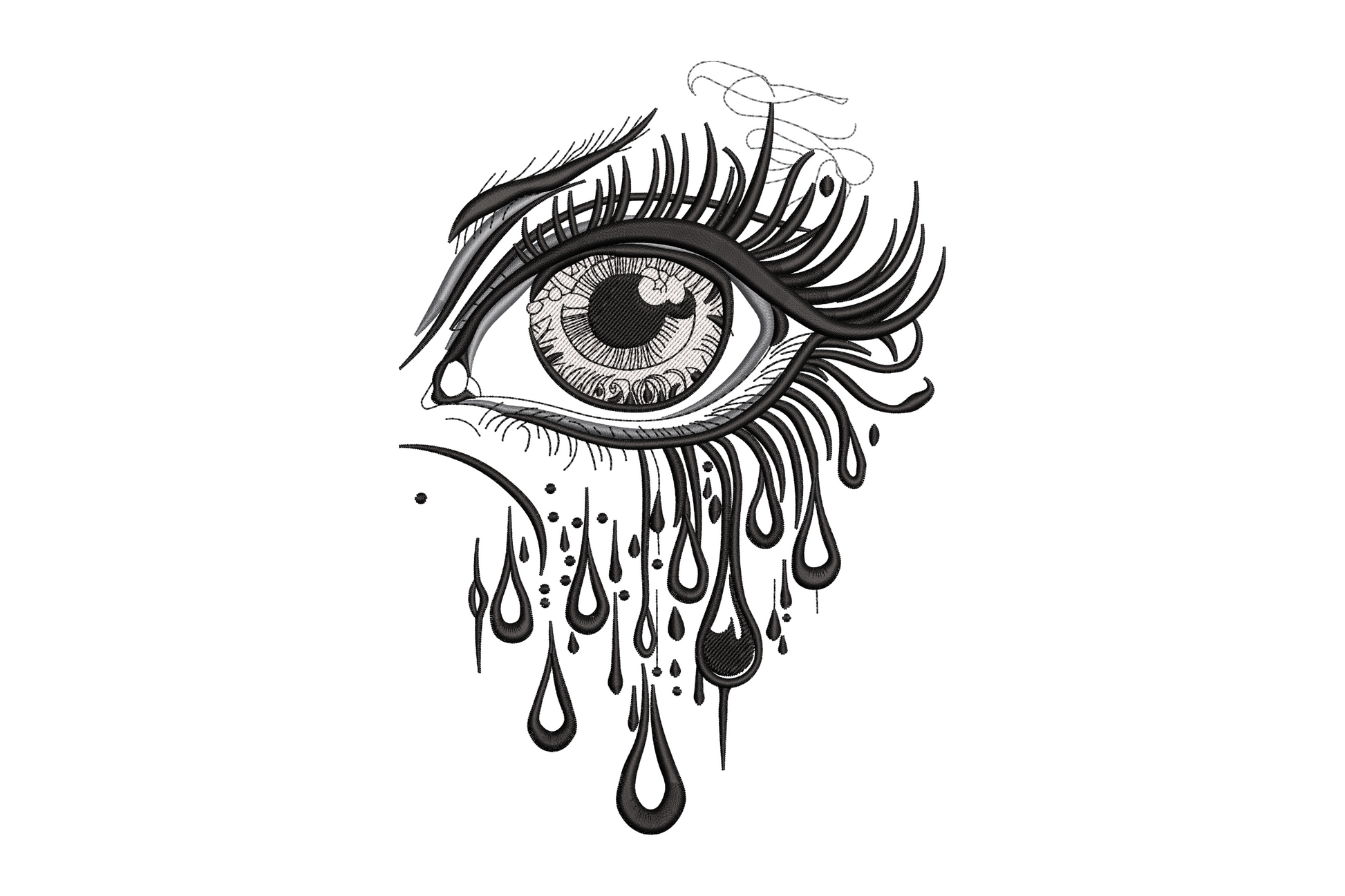 Gothic dripping eye embroidery design with ornate sweeping lashes, swirling iris detail and teardrop drips below, 3 colours in black grey and white