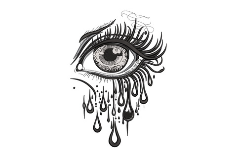 Gothic dripping eye embroidery design with ornate sweeping lashes, swirling iris detail and teardrop drips below, 3 colours in black grey and white