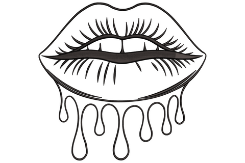 Bold black dripping lips outline embroidery, full lips with lash-fringe strokes and five gloss drip loops below.