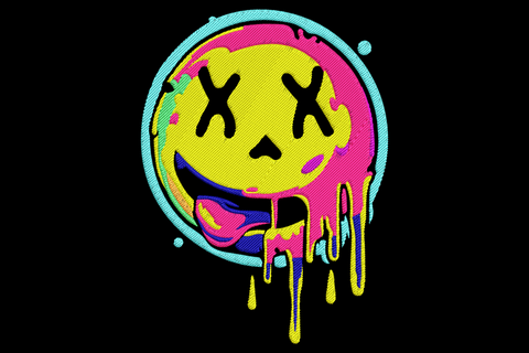 Neon yellow dripping smiley face embroidery with X-shaped white eyes, cyan outline ring, blue tongue and pink magenta paint drips.
