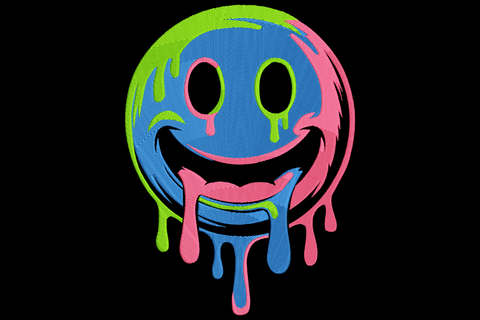Dripping smiley face embroidery in electric blue, neon green and hot pink with hollow eyes, wide grin and paint drips falling from chin.